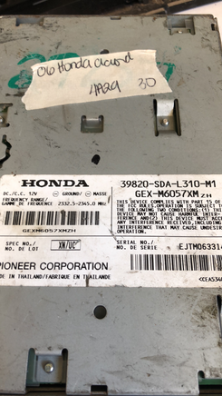 2011-2012 Honda Accord XM Radio Satellite Control Module 39820-SDA-L310-M1